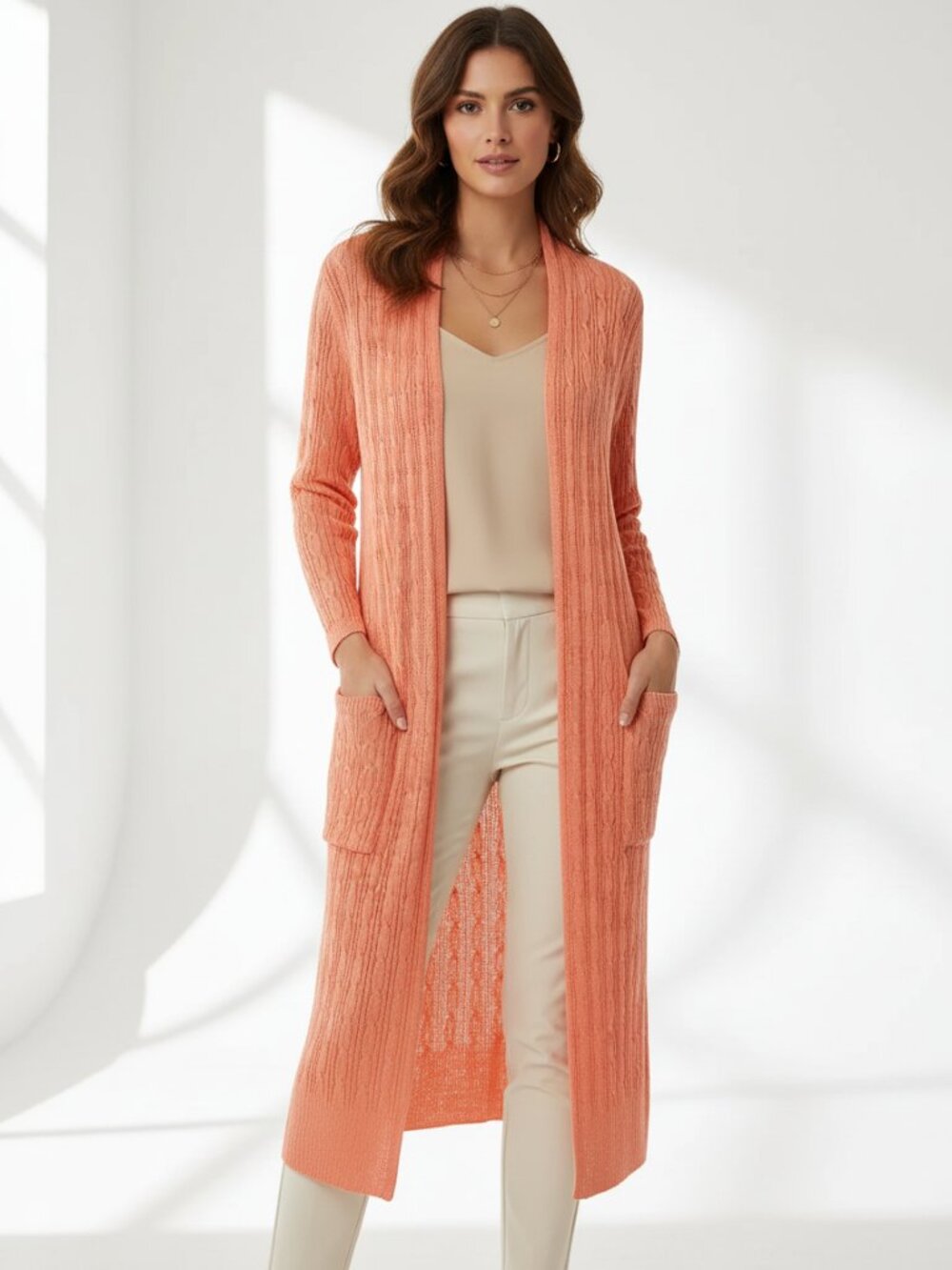 Neiman Marcus L Cardigan Duster Coral Cable Linen Boho Minimalist Quiet Luxury